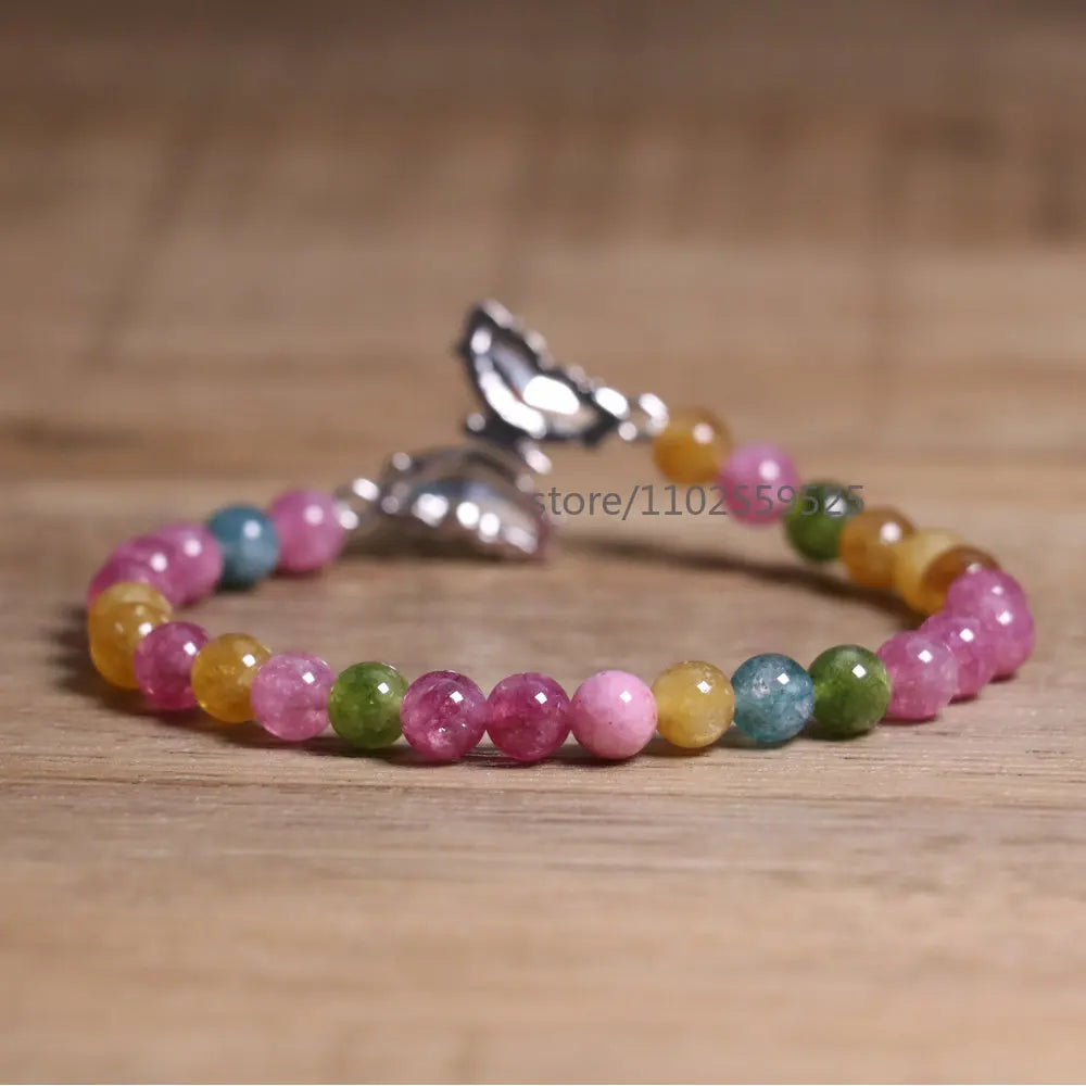 Natural  Rainbow tourmaline Agate Beaded Bracelet Adjustable Butterfly Charm Bracelet Women Boho Chic Stackable Jewelry Gift