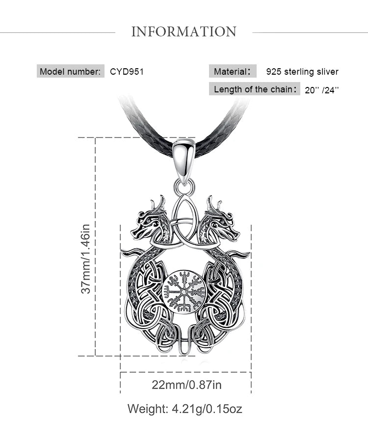 Eudora 925 Sterling Silver Viking Dragon Necklace for Man Women Celtic Knot Compass Amulet Pendant Personality Jewelry Fine Gift