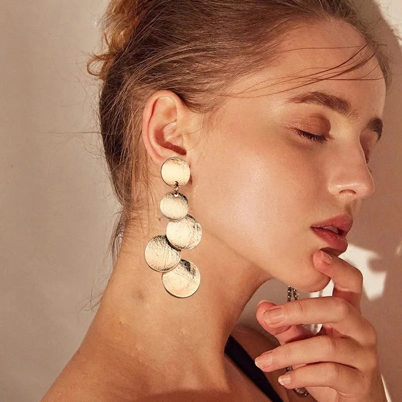 European Exaggerated Irregular Uneven Drop Earrings for Female Disc Multi-layer Ladies  Round Long Earrings Boho Ear Jewelry