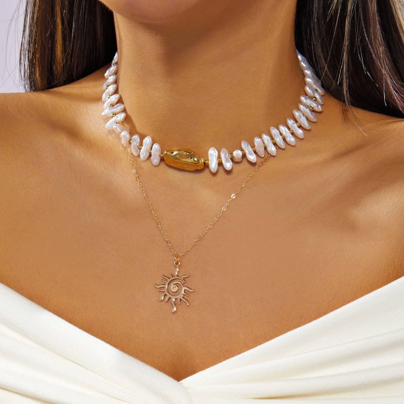 Layered Sun Pendant Bead Choker Necklace Jewelry