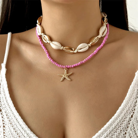 Gold Starfish Shell Rice Bead Choker Necklace Jewelry