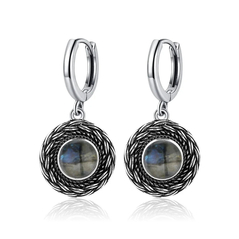 Natural Stone Sun Flower Hoop Earrings for Women, Vintage Antique Silver Turquoise Amethyst Labradorite Dangle Earring Wholesale