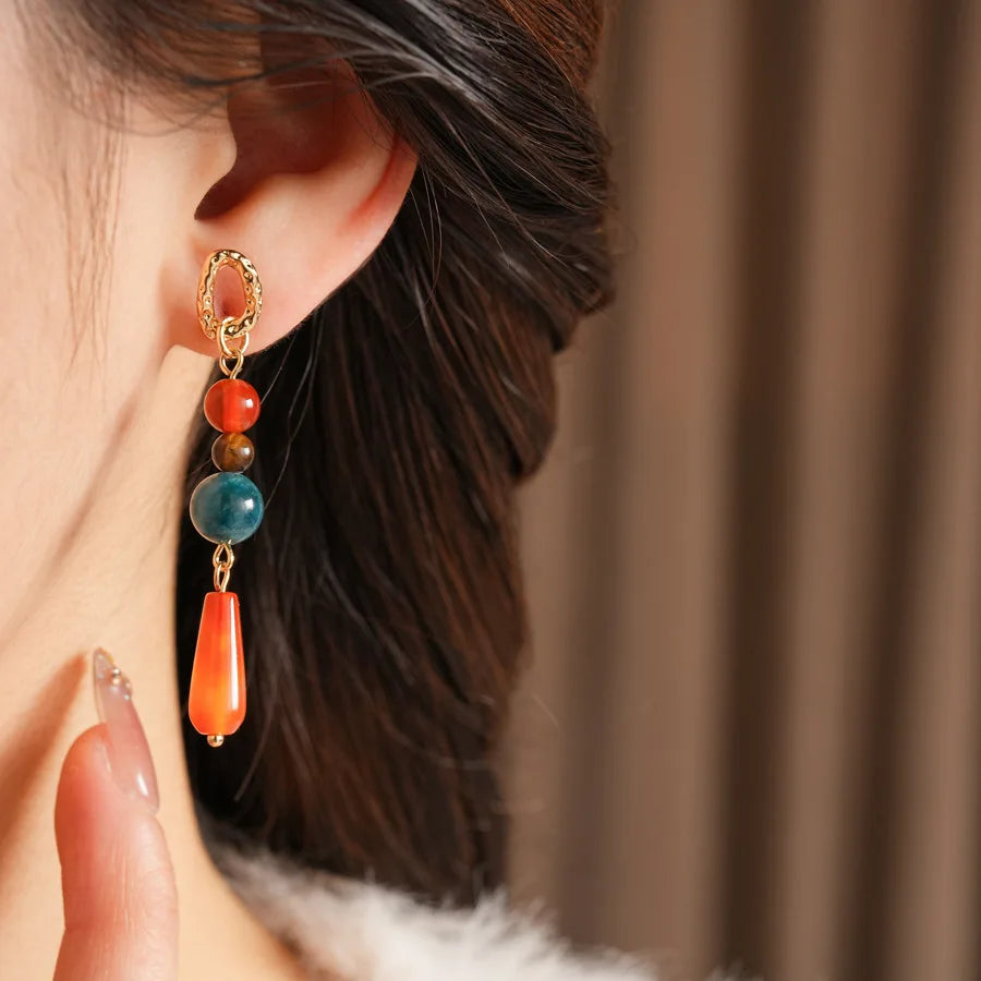 Retro Natural Stone Jade Earrings for Women Chinese Style Water Drop Beads Earrings with Long Tassel Female Ear Accessories K1