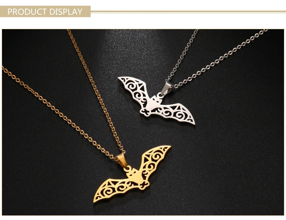 Skyrim Hollow Pattern Bat Stainless Steel Necklace for Women's Fashion Retro Punk Gothic Halloween Animal Hip Hop Jewelry Gift - Charlie Dolly