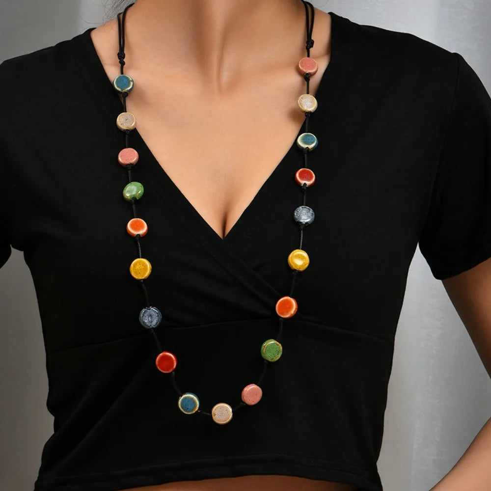 Colorful Ceramic Bead Woven Rope Necklace Jewelry
