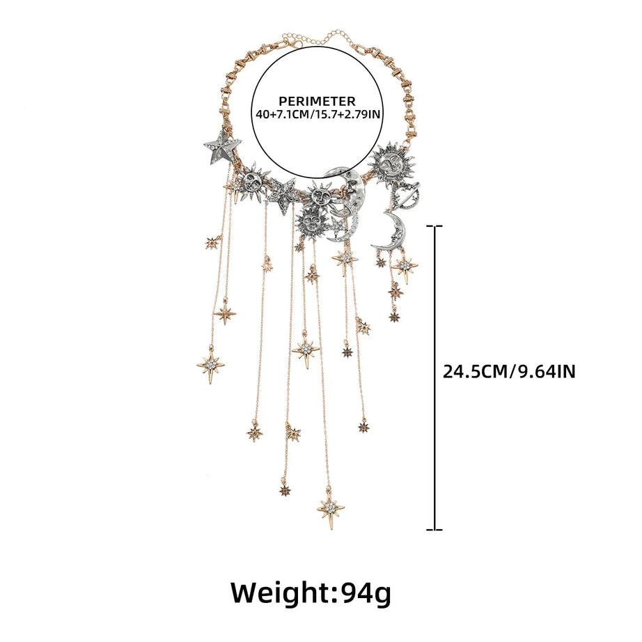 Moon, Star and Sun Exaggerated Tassel Boho Pendant Necklace