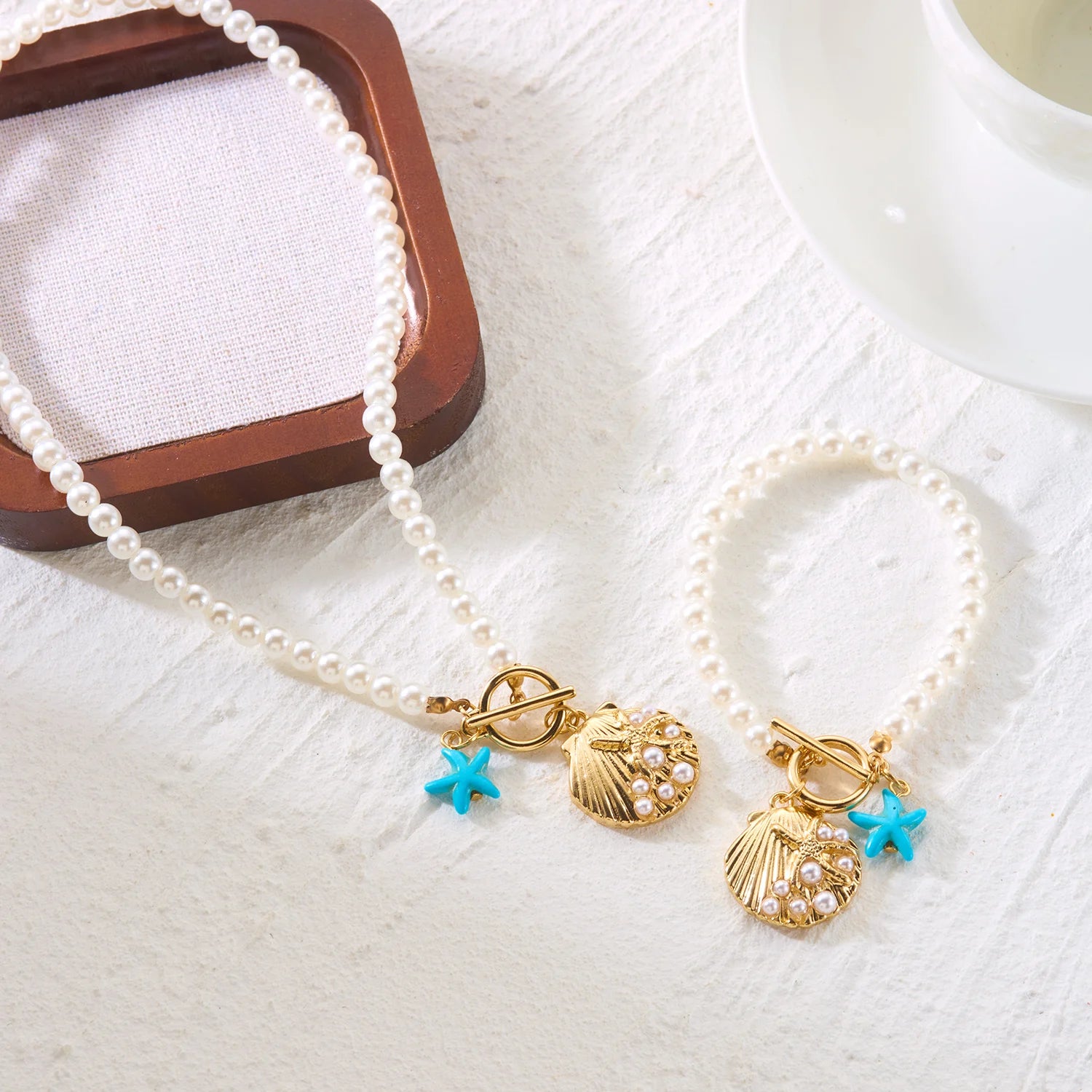 Boho Blue Starfish Shell Pendant Necklace Bracelet Set for Women Fashion Imitation Pearl Conch Scallop Choker Beach Jewelry