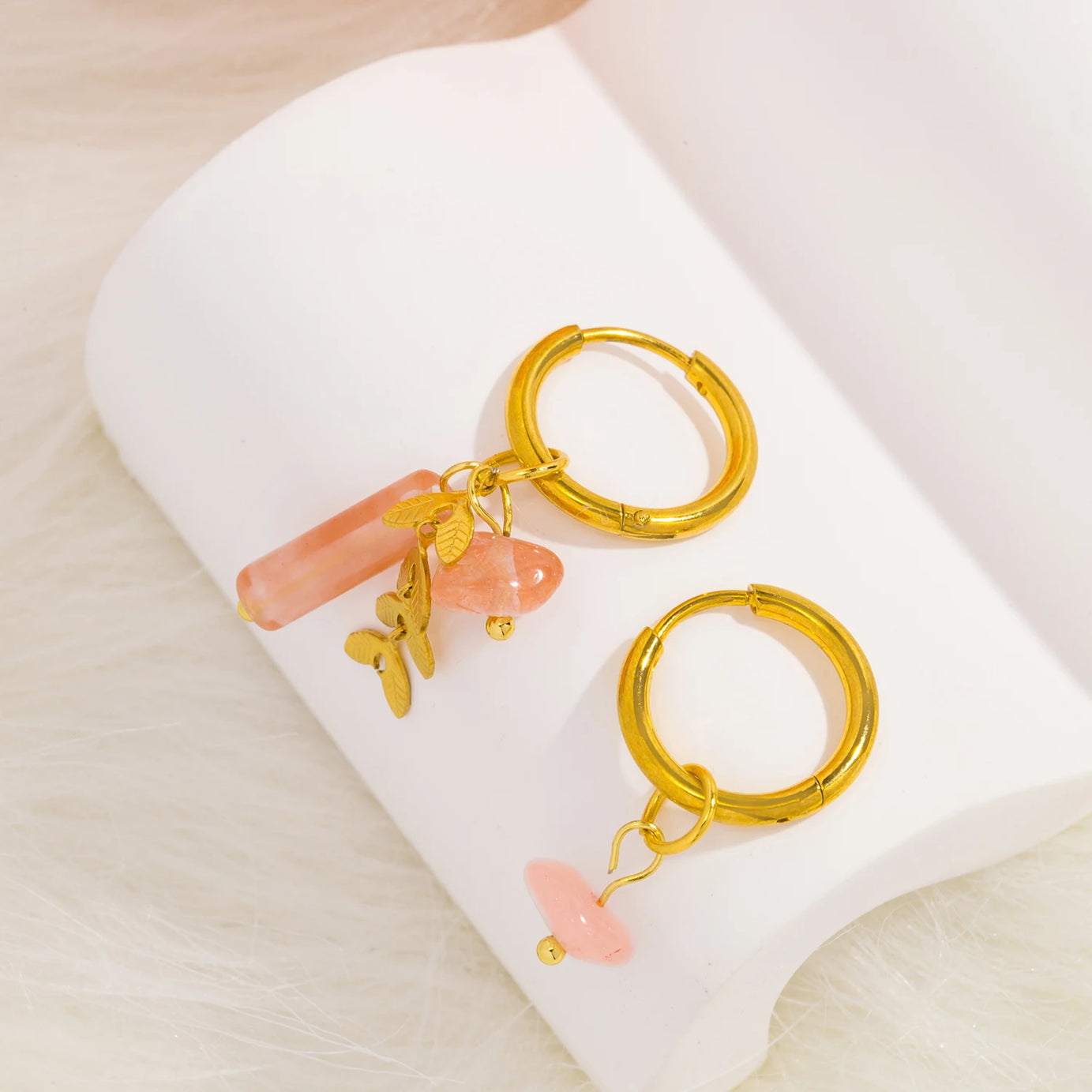 Pink Natural Stone Hoop Drop Earrings, 18K Gold Stainless Steel Boho Jewelry
