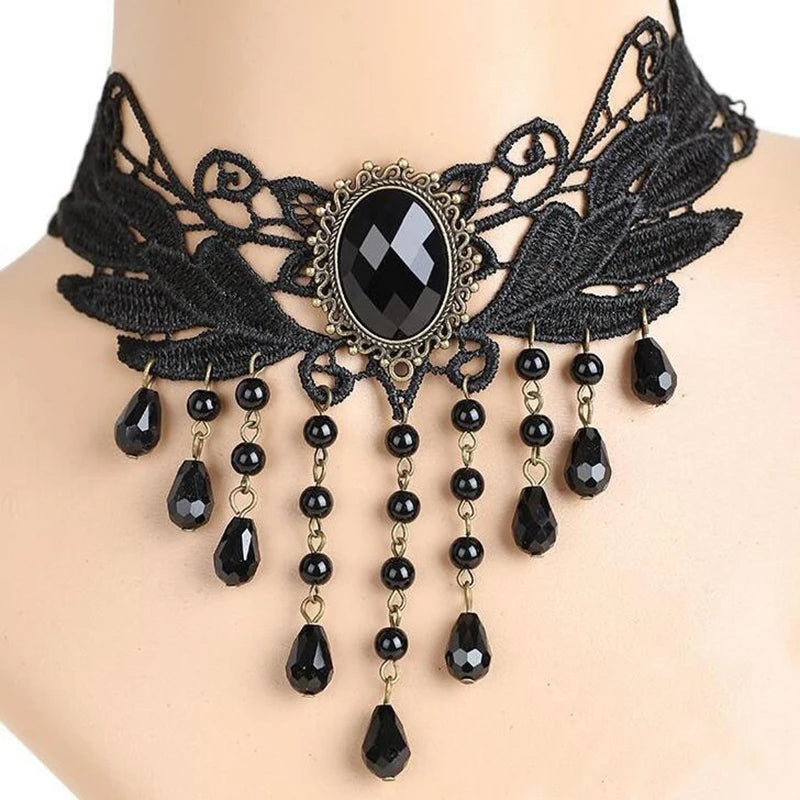 Halloween Choker Necklace for Women Rhinestone Pendant Lace Gothic Necklace for Steampunk Royal Court Vampire Costume Jewelry - Charlie Dolly