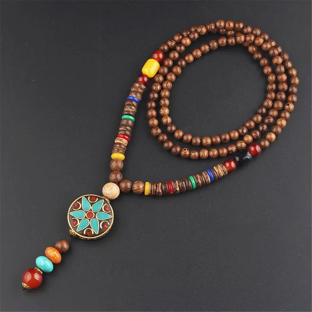 Nepal Wood Bead Tassel Sweater Chain Necklace Jewelry