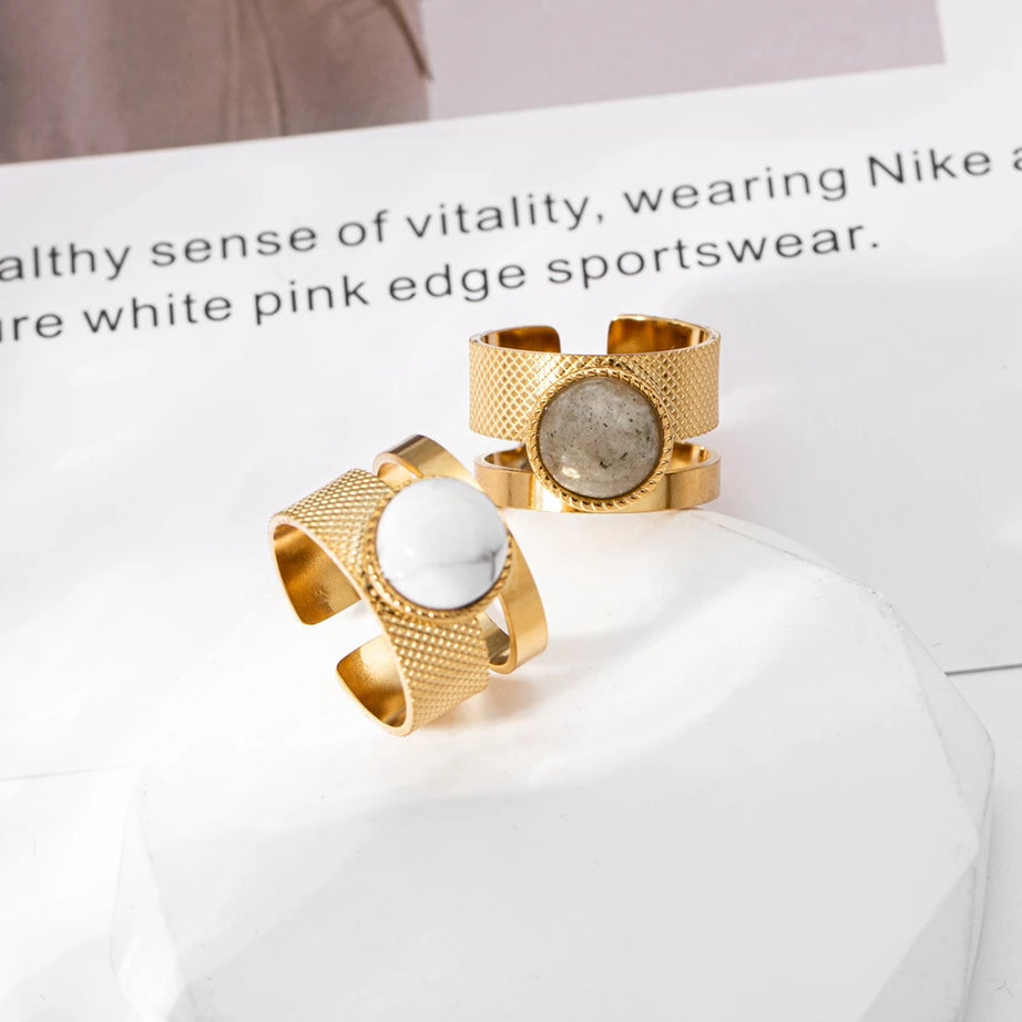 WILD & FREE Boho Stainless Steel Rings For Women Glamour Trendy Gold Color Inlaid Natural Stone Statement Jewelry - Charlie Dolly