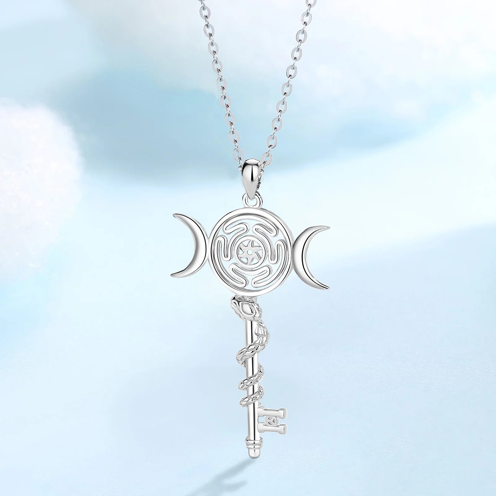 Eudora 925 Sterling Silver Hekate Wheel Necklace for Women Snake Key Triple Moon Goddess Pendant Witch Jewelry Personality Gift