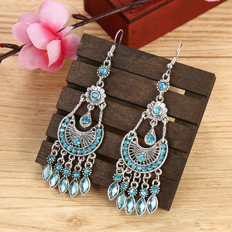 Vintage Delicate Flower Boho Drop Dangle Earrings For Women Retro Bohemian Rhinestone Crystal Wedding Earrings Pendientes Mujer