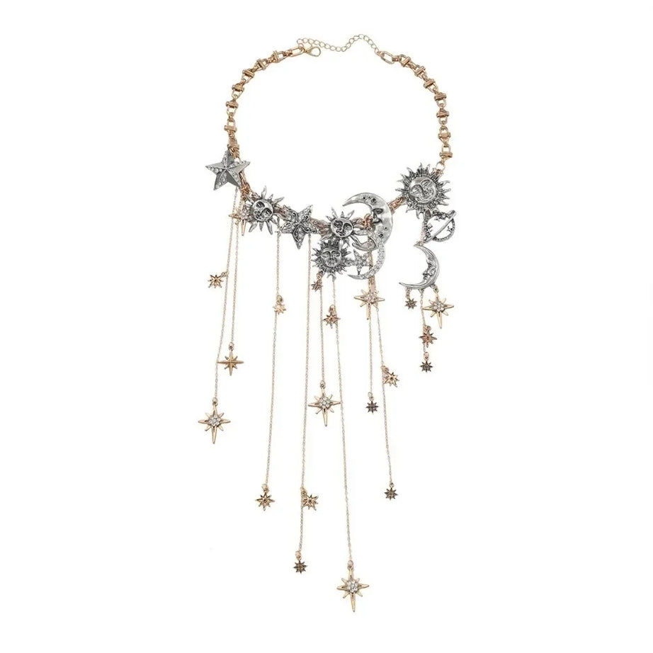 Sun Moon Star Layered Tassel Necklace Jewelry