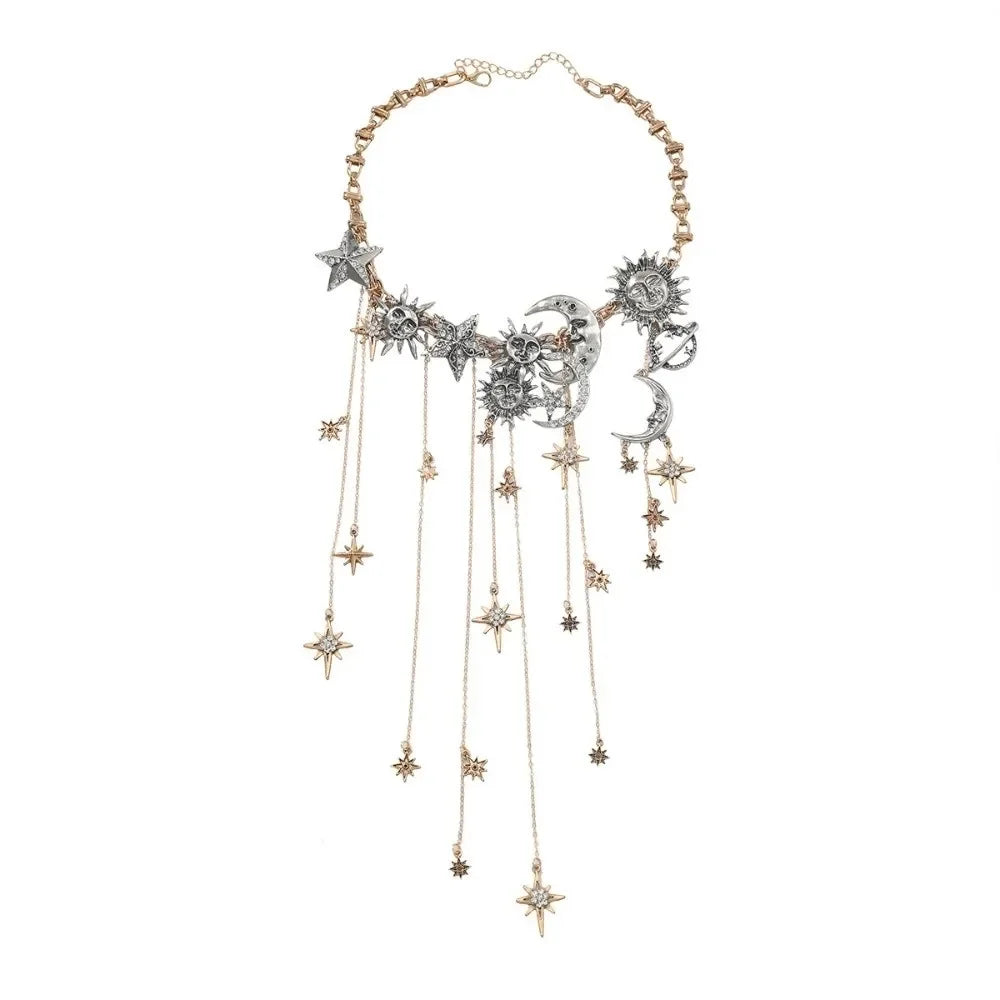 Sun Moon Star Layered Tassel Necklace Jewelry