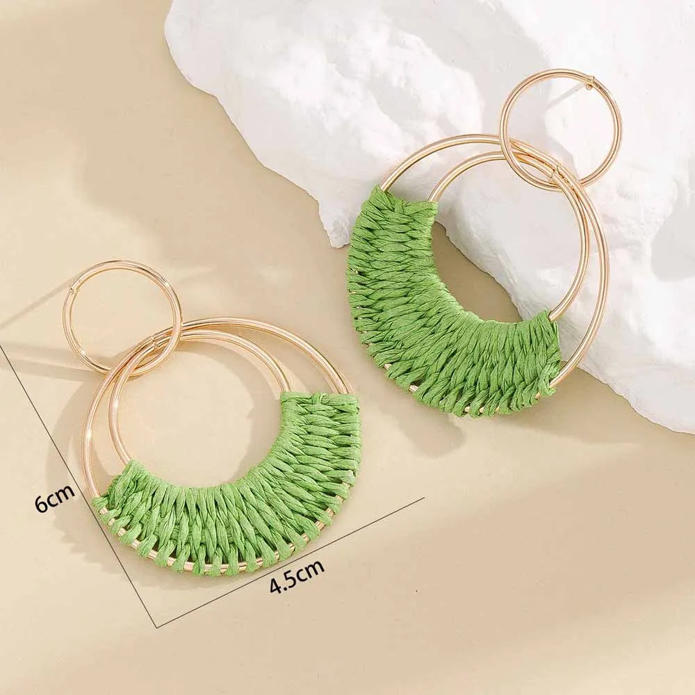 Raffia Hoop Earrings for Women Girls Fun Boho Summer Beach Earrings Lightweight Handmade Straw Wicker Rattan Dangle Earrings