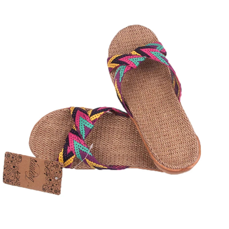 2020 Fashion Flax Home Slippers Indoor Floor Shoes Cross Belt Silent Sweat Slippers For Summer Women Sandals - Charlie Dolly
