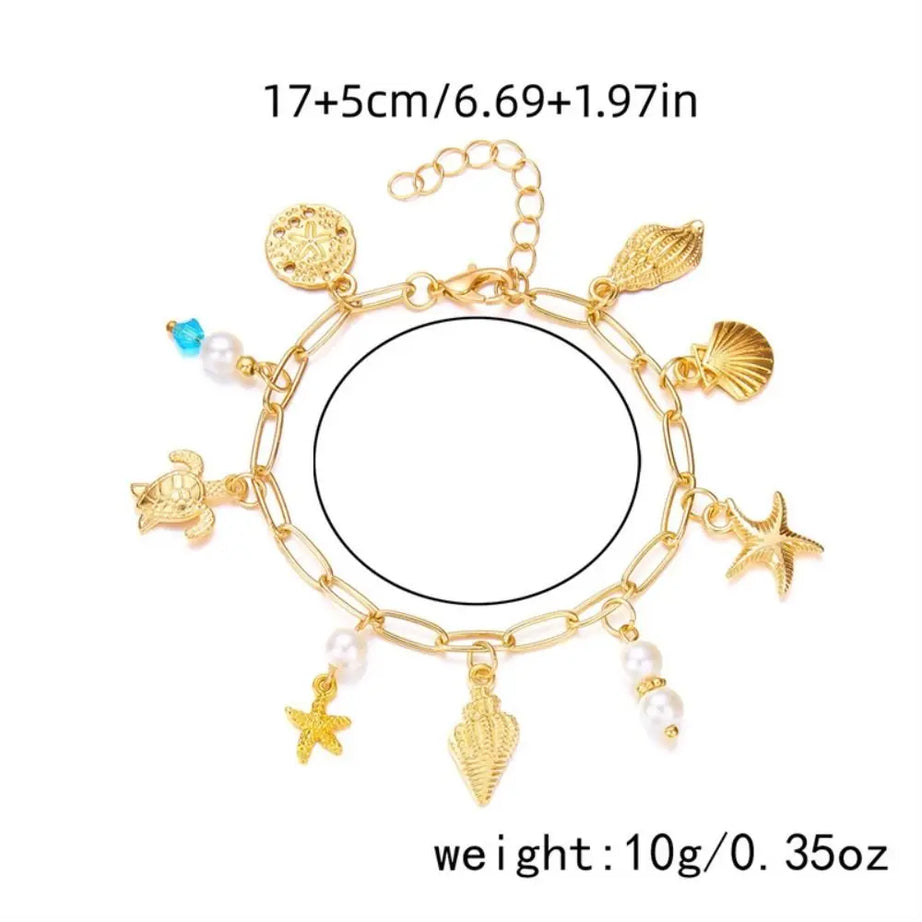 Pearl, Shell and Starfish Gold Tassel Boho Bracelet