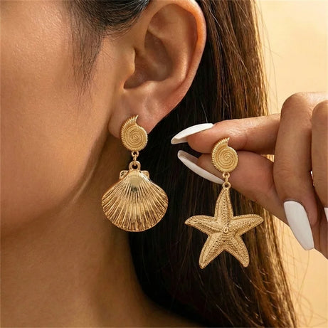 Asymmetric Starfish and Shell Boho Dangle Earrings