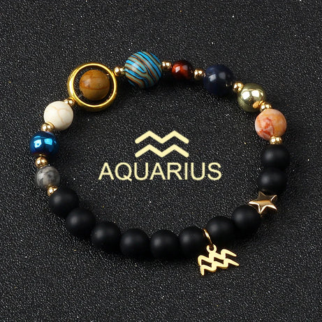 Eight Planets & Twelve Zodiac Beaded Bracelet, Natural Stone Cosmic Astrology Talisman