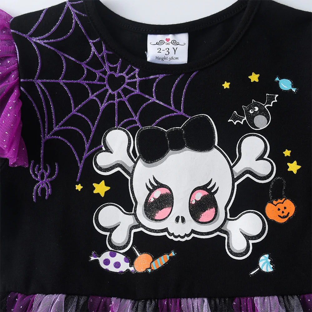 VIKITA Kids Halloween Holiday Cosplay Costumes Girls Spider Skull Print Flare Sleeve Autumn Winter Princess Mesh Tutu Dresses - Charlie Dolly