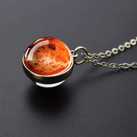 Double-Sided Galaxy Planet Glass Ball Pendant Necklace, Sun Moon Mars Cosmic Talisman