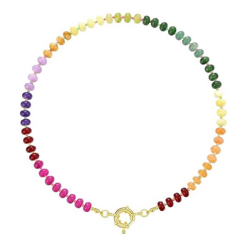 Colorful Boho Natural Stone Surfer Beach Choker 6mm Beaded Gemstone Necklace for Women 14K Gold Plated Handmade Jewelry