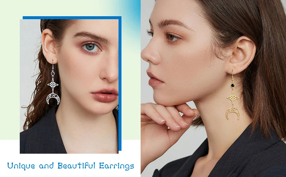 Unift Goth Stainless Steel Earring Triple Rune Moon Phase Pentagram Earrings Woman Men Vintage Jewelry Ear Piercing Witch Knot