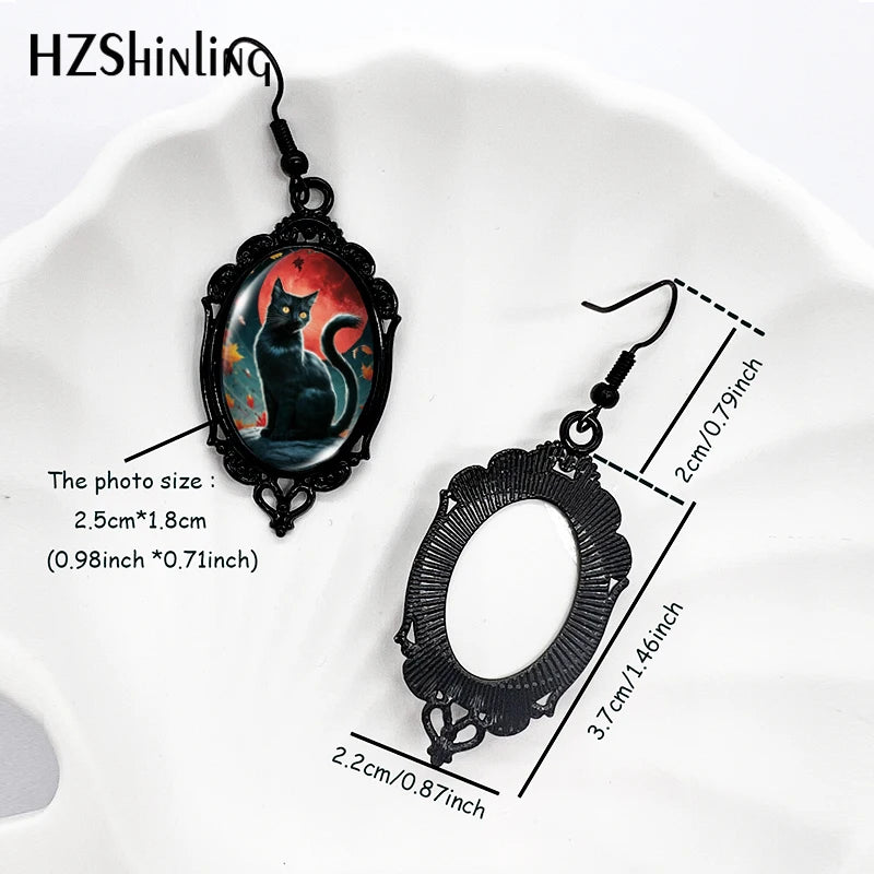 2024 New Green Moon Cat Dangle Earring Halloween Black Lace Earrings Oval Glass Photo Jewelry Gifts Party - Charlie Dolly