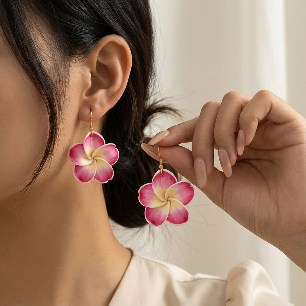 Boho Hawaiian Plumeria Earrings for Women White Pink Polymer Clay Flower Drop Dangle Earrings Summer Beach Vacation Jewelry Gift