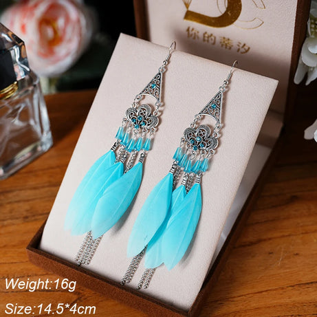 Blue Enamel Feather Crystal Long Earrings Jewelry
