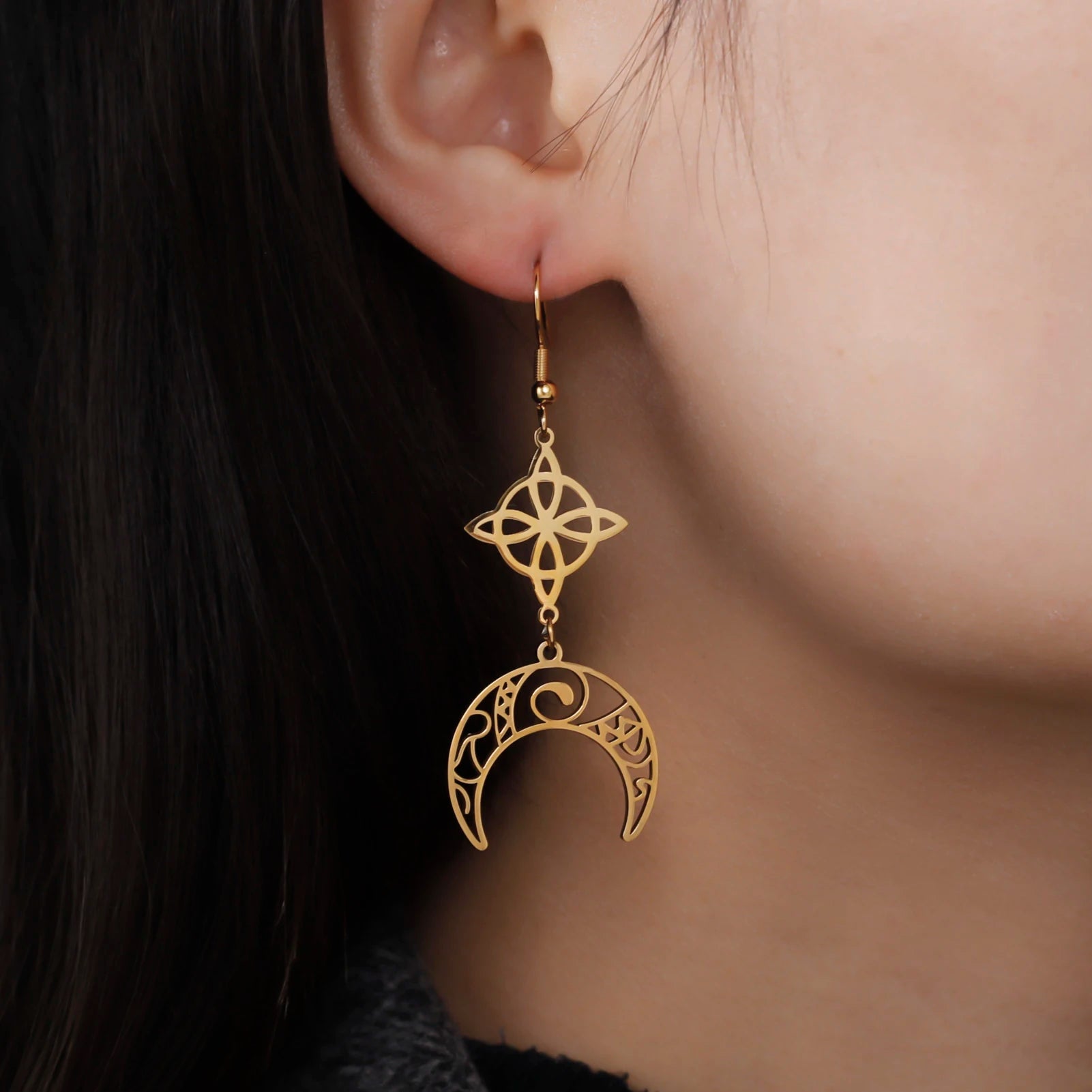 Unift Goth Stainless Steel Earring Triple Rune Moon Phase Pentagram Earrings Woman Men Vintage Jewelry Ear Piercing Witch Knot