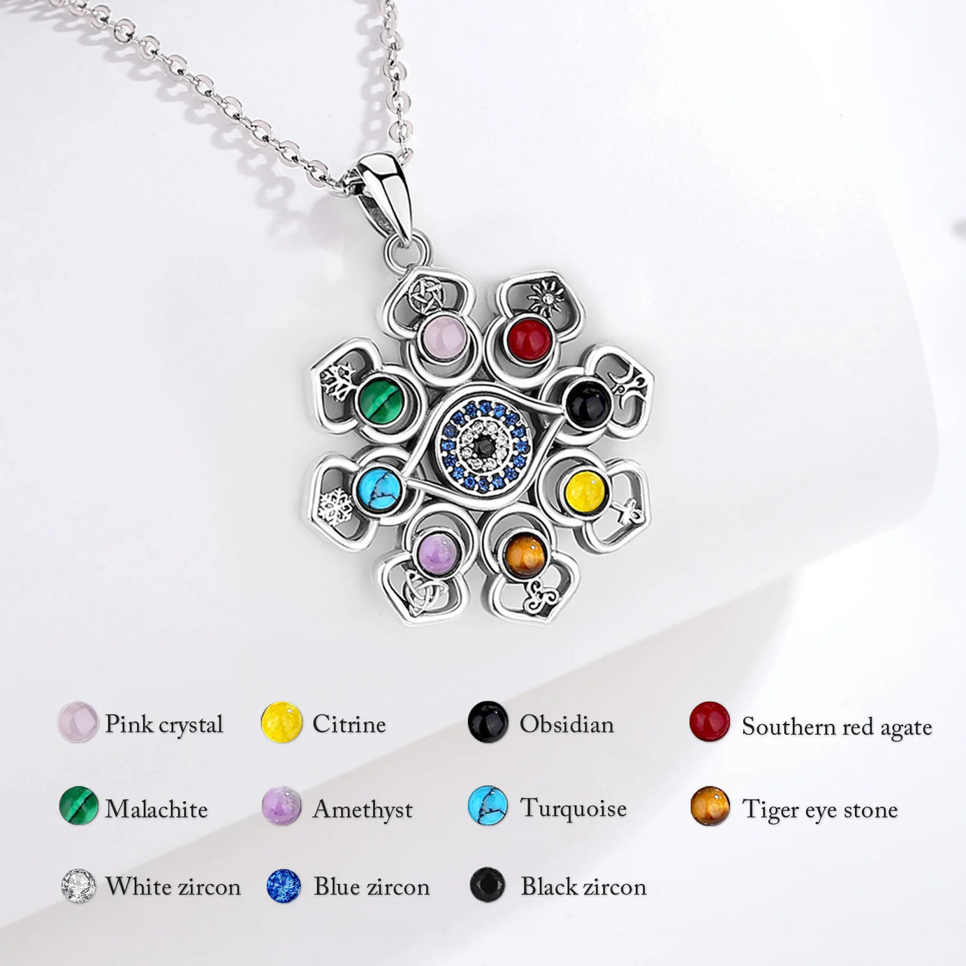 S925 Silver Lotus, Evil Eye & Pentagram Pendant, Sacred Protection Amulet