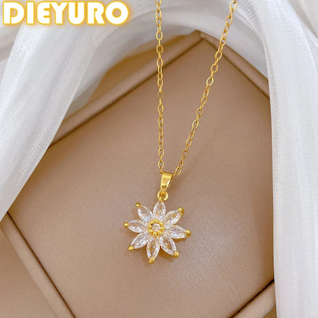 White Crystal Petal Lotus Flower Bud Pendant Necklace, Stainless Steel Waterproof Chain