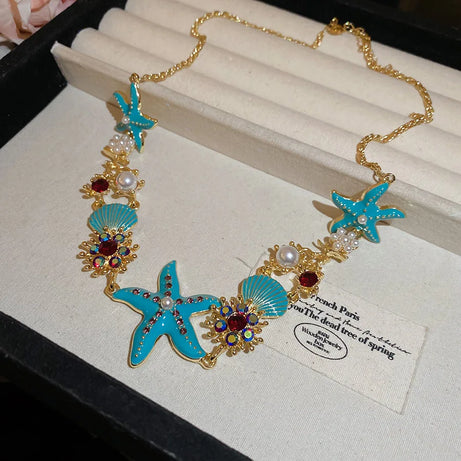 Marine Starfish Shell and Coral Pendant Necklace