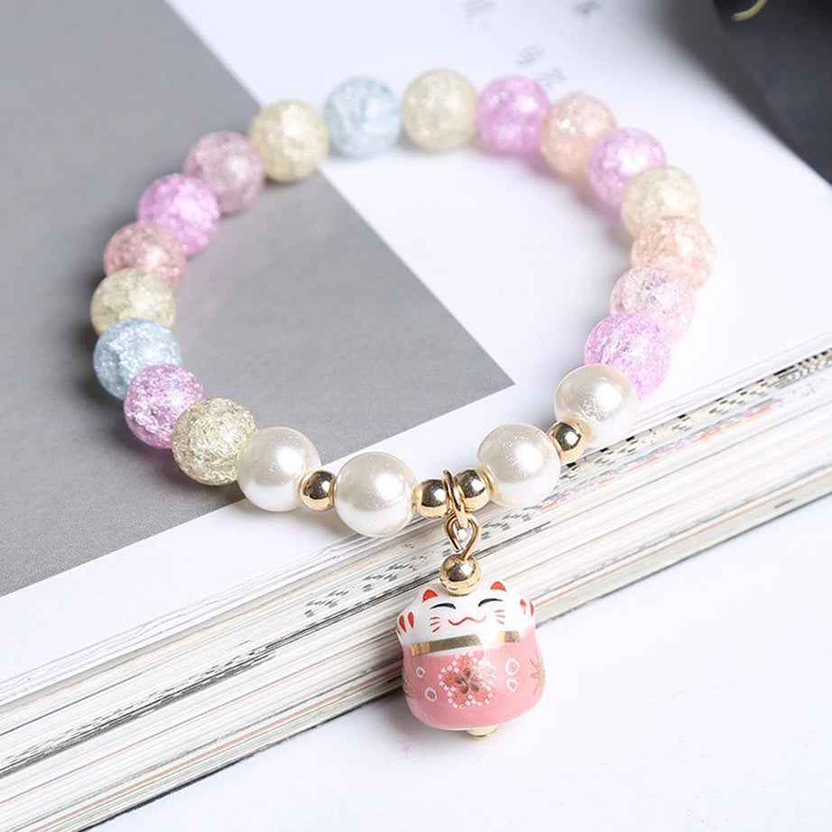 Boho Fortune Cat Charms Bracelet for Women 8mm Round Natural Stone 18cm Stretch Wire Couple Bracelet Jewelry Accessories Gifts - Charlie Dolly