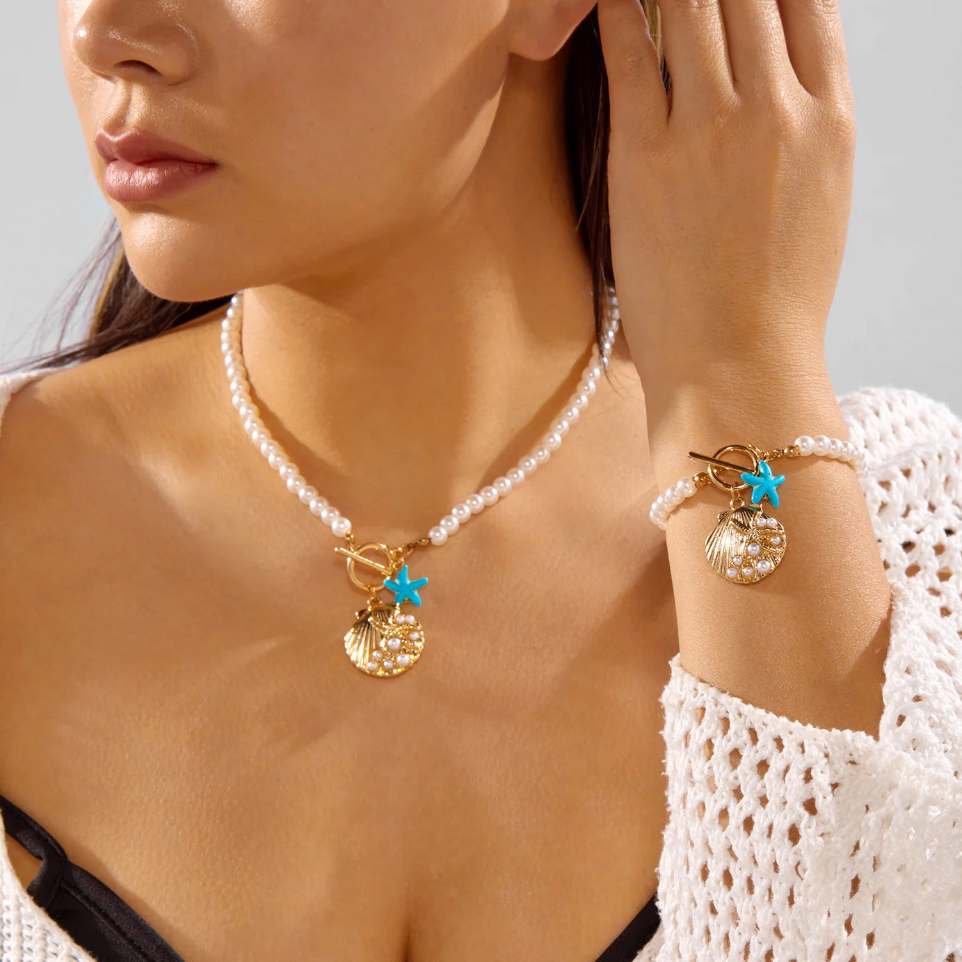 Blue Starfish and Scallop Shell Layered Choker Necklace