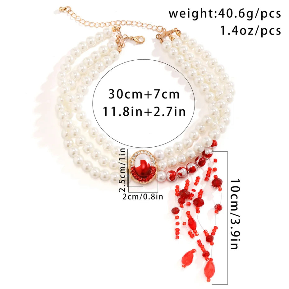Goth Creative Red Blood Pattern Imitation Pearl Chain Necklace for Women Punk Long Tassel Beads Pendant Halloween Wed Jewelry - Charlie Dolly