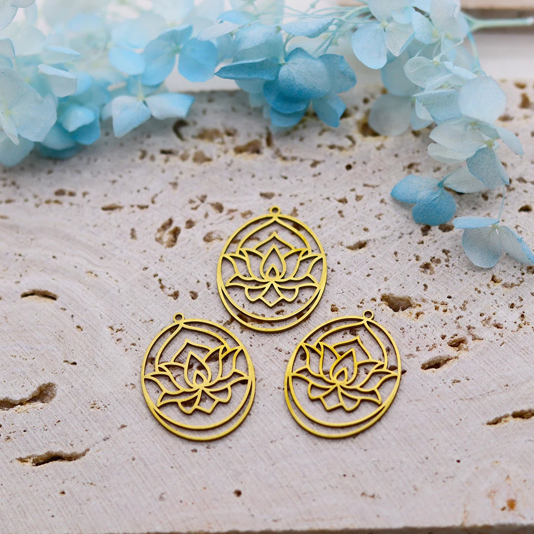 3pcs Lotus Flower Art Line Charms Stainless Steel Pendant for Jewelry Making Necklace Earrings DIY Craft Yogo Amulets Handmade