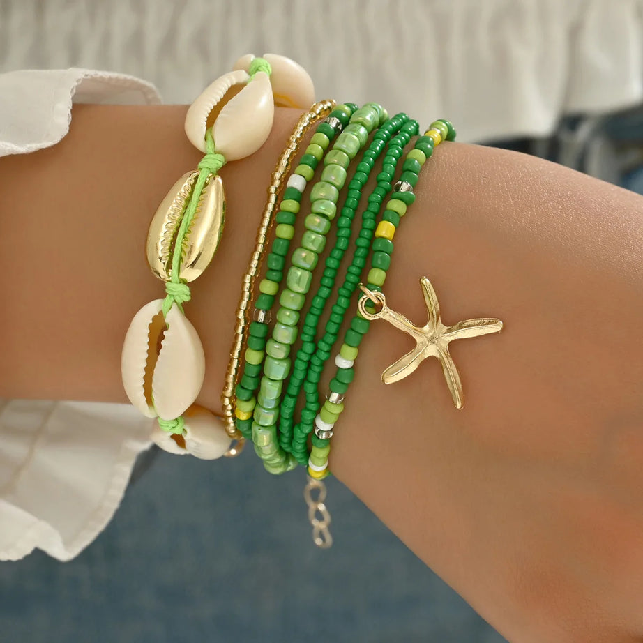 Shell, Starfish and Beaded Woven Bohemian Bracelet Set (7 Pieces)