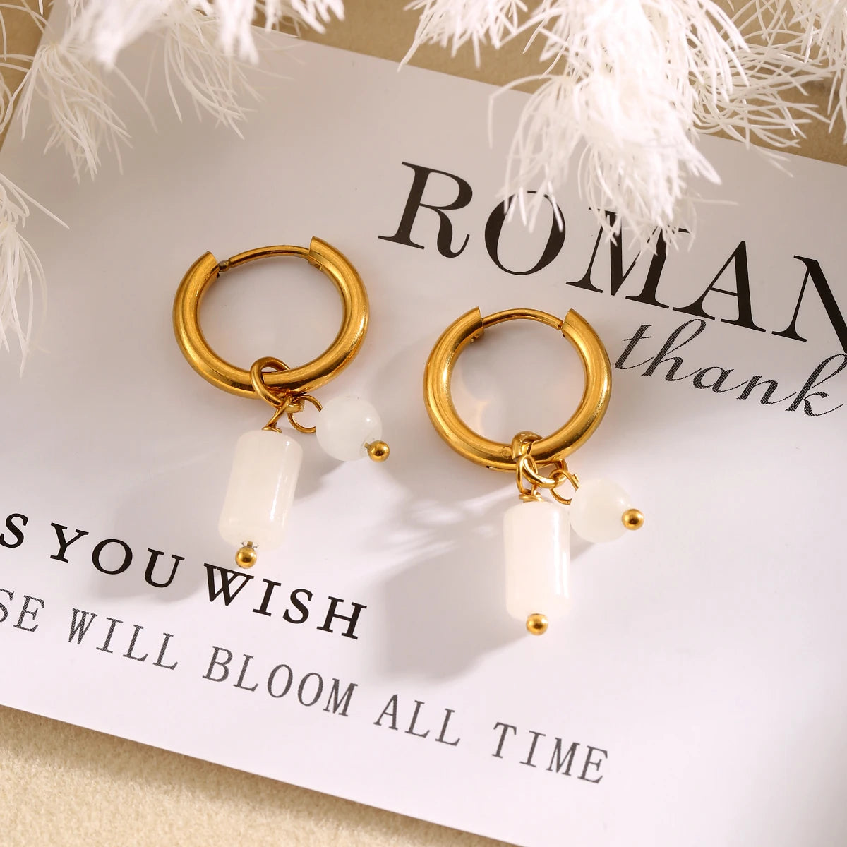 Jolivie Stainless Steel Natural Stone Earrings Women Bohemia Vintage Hoop Earrings for Women Ear Trendy Jewelry Gift