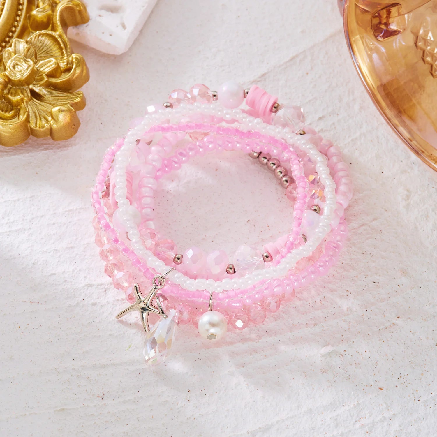 5Pcs/Set Boho Pink Pearl Beaded Bracelets for Women Summer Ocean Beach Starfish Shell Charm Multilayer Bracelet Set Jewelry Gift
