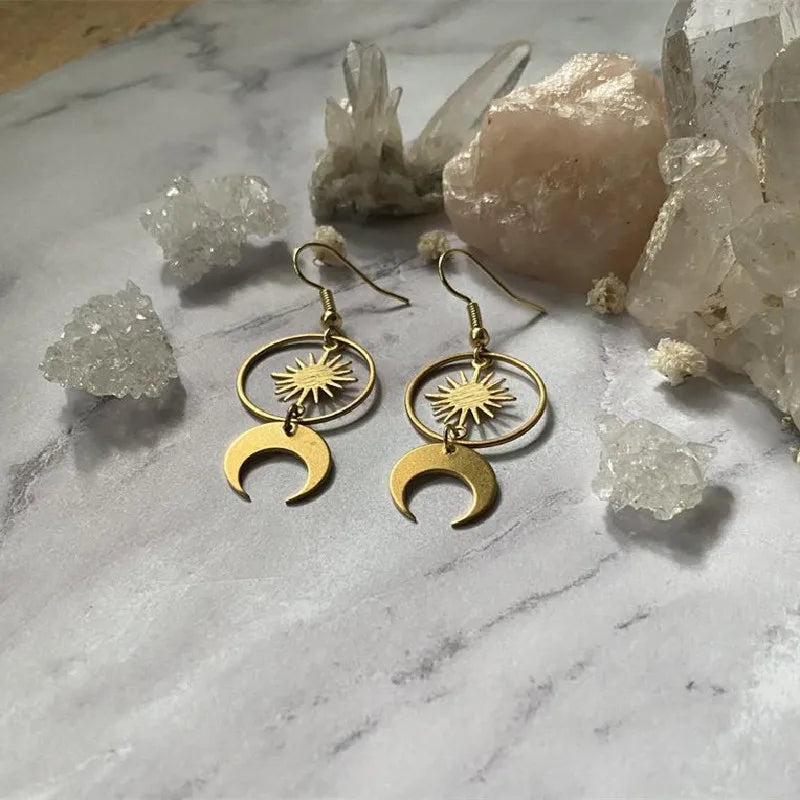 Golden Color Goddess Hoop Earrings Drop Geometric Crescent Phase Hippie Statement Witchy Jewelry Fashion Gorgeous Women Gift New