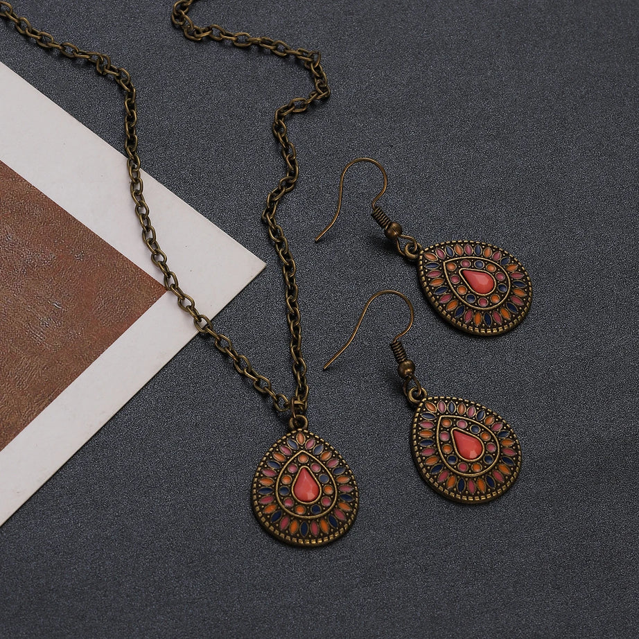 Colorful Bead Flower Necklace Earring Set Jewelry