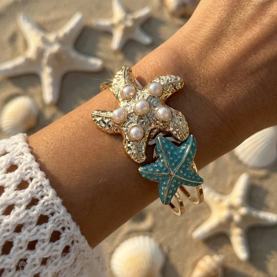 Starfish and Shell Enamel Bangle Bracelet