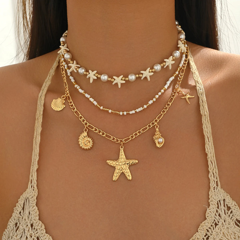 Starfish Shell Faux Pearl Layered Necklace Jewelry