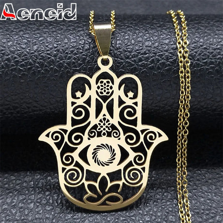 Hamsa Hand of Fatima & Lotus Interfaith Necklace, Muslim & Jewish Sacred Talisman