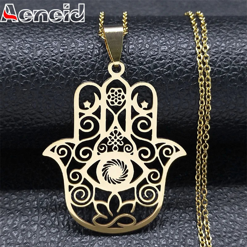 Hamsa Hand Muslims Judaism Hollow Necklace for Women Hand of Fatima Lotus Flower Stainless Steel Necklaces Jewelry Gift N8083S04