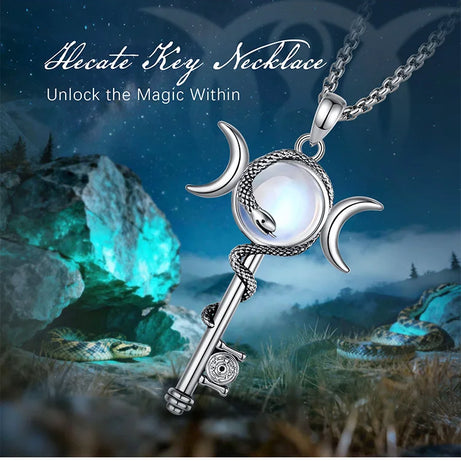 Hecate Key & Triple Moon Goddess Pendant with Moonstone, Sacred Witch Amulet