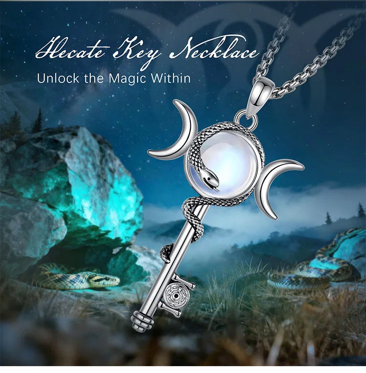 Eudora Hecate Key Moonstone Necklace Triple Moon Goddess Snake Pendant Healing Crystal Spiritual Jewelry Gift for Women Men